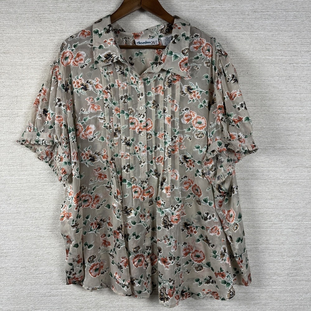 Denim 24/7 Sheer Button Up Blouse Sz 32 Floral Boho Cottagecore Y2K Ruffle Mesh
